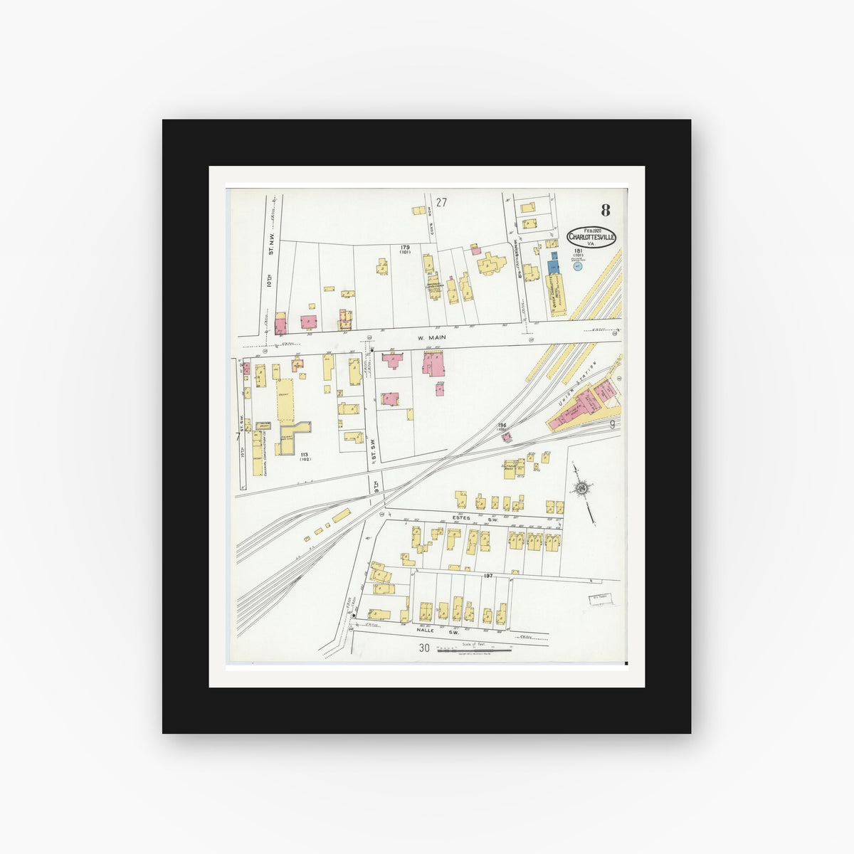 Old map wall art mockup — black gallery frame with white mat — Sanborn Fire Insurance Map from Charlottesville, Independent Cities, Virginia (1920), Sheet #0008