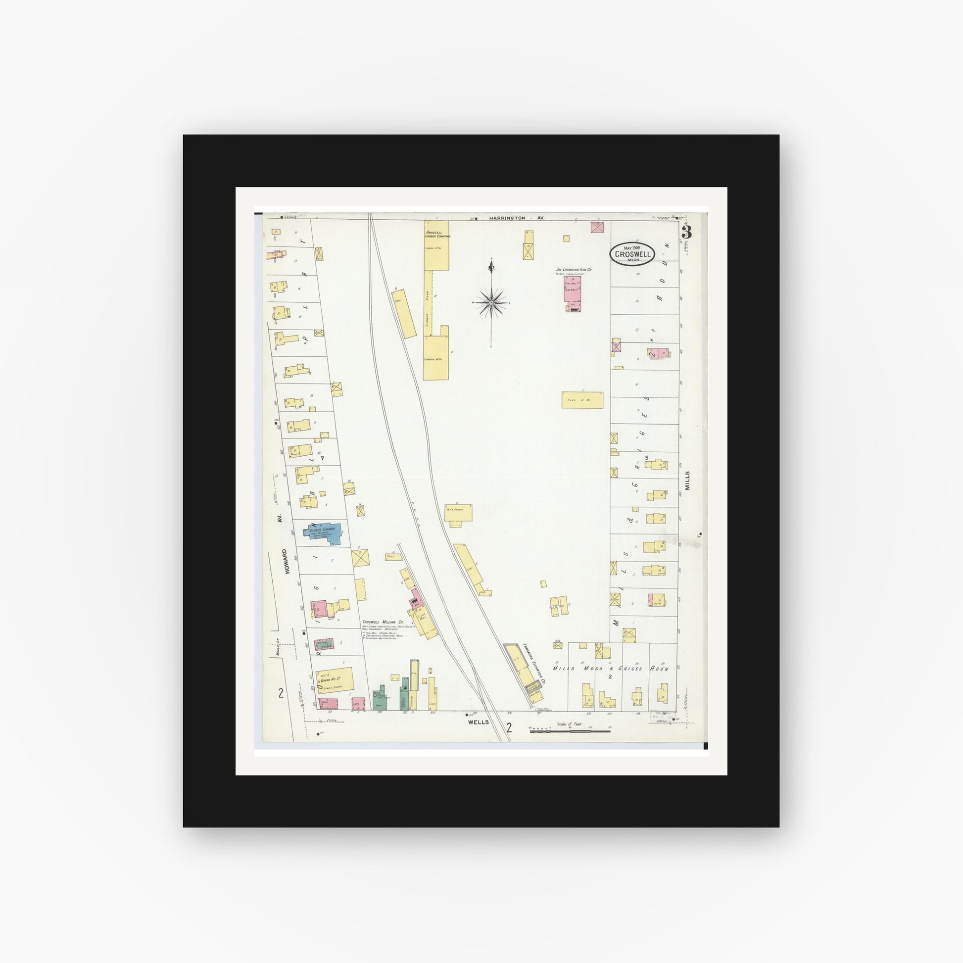 Old map wall art mockup — black gallery frame with white mat — Sanborn Fire Insurance Map from Croswell, Sanilac County, Michigan (1909), Sheet #0003