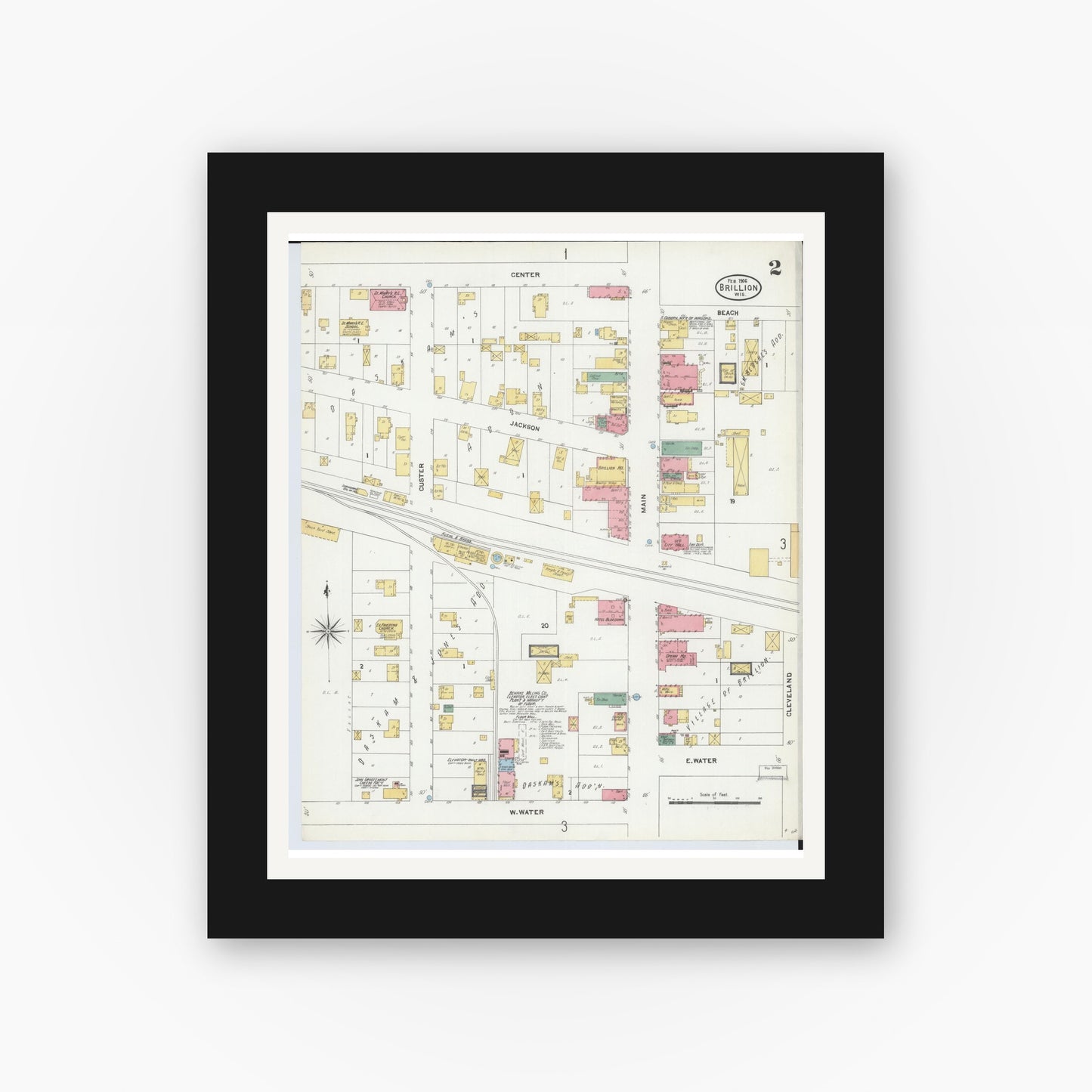Old map wall art mockup — black gallery frame with white mat — Sanborn Fire Insurance Map from Brillion, Calumet County, Wisconsin (1906), Sheet #0002