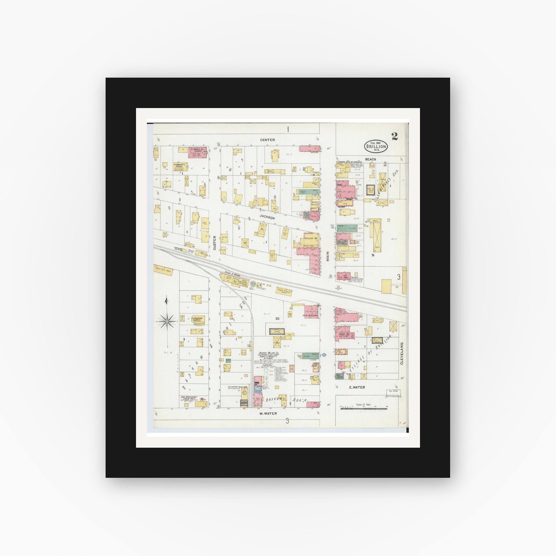 Old map wall art mockup — black gallery frame with white mat — Sanborn Fire Insurance Map from Brillion, Calumet County, Wisconsin (1906), Sheet #0002