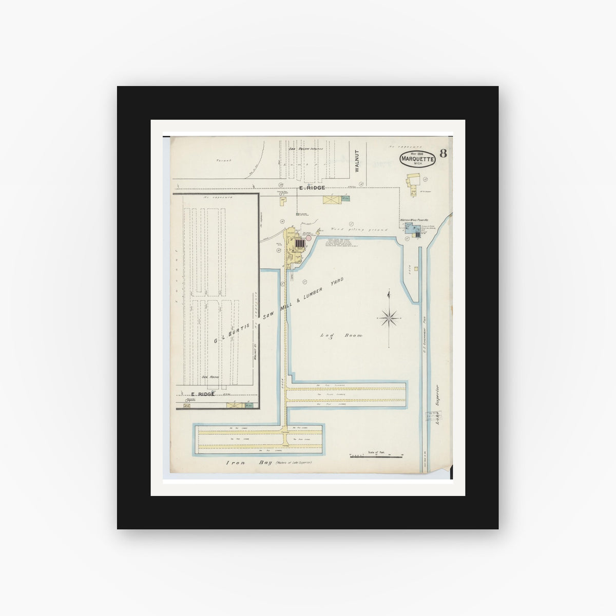 Old map wall art mockup — black gallery frame with white mat — Sanborn Fire Insurance Map from Marquette, Marquette County, Michigan (1888), Sheet #0008