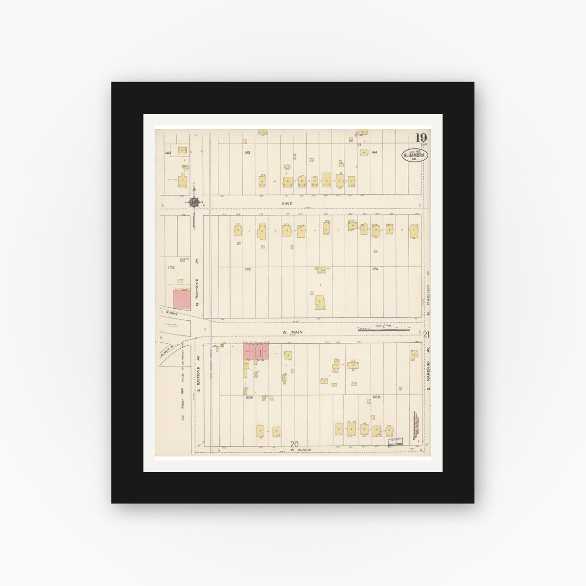 Old map wall art mockup — black gallery frame with white mat — Sanborn Fire Insurance Map from Alhambra, Los Angeles County, California (1912), Sheet #0019
