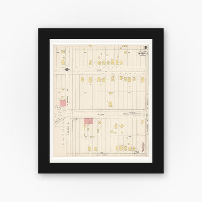 Old map wall art mockup — black gallery frame with white mat — Sanborn Fire Insurance Map from Alhambra, Los Angeles County, California (1912), Sheet #0019