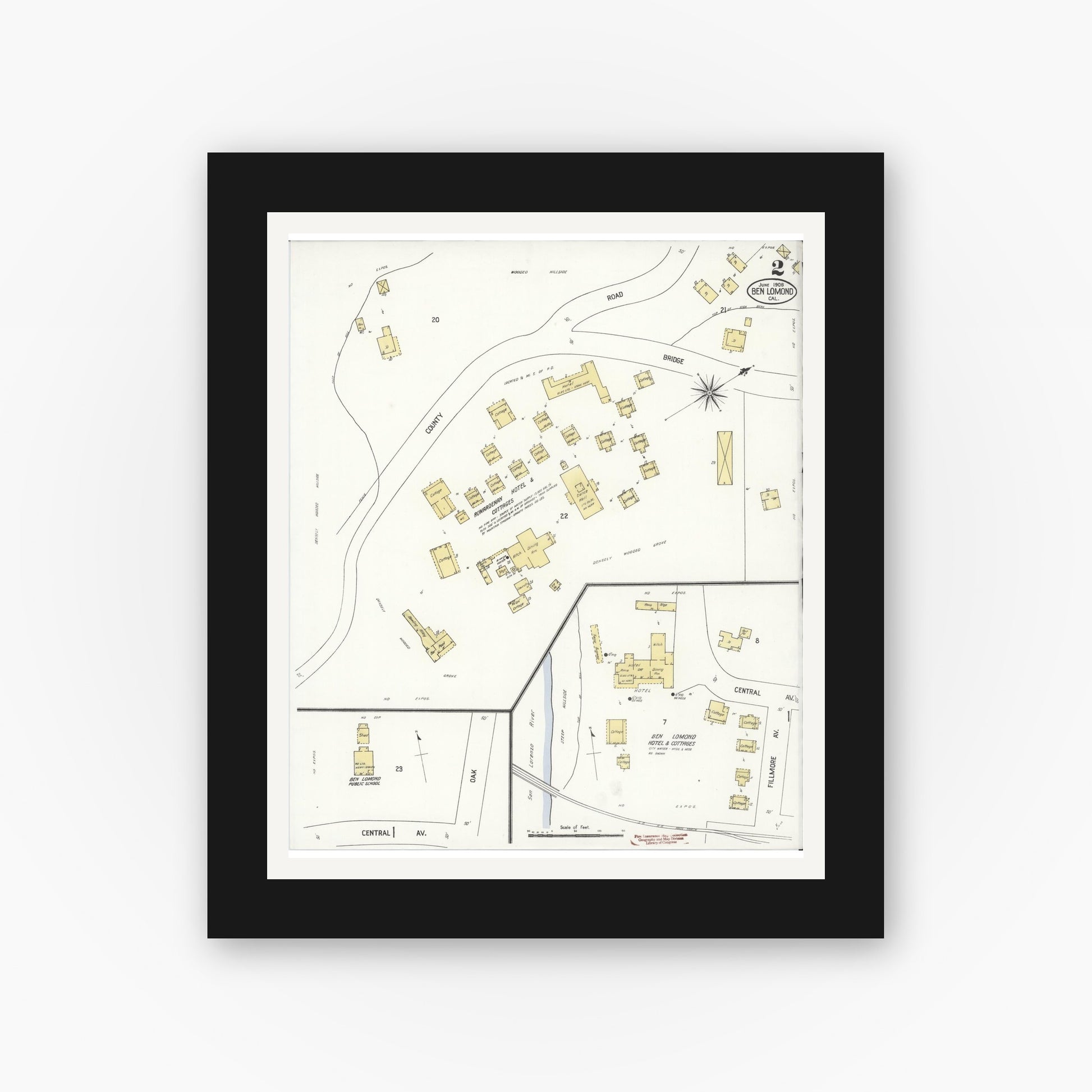 Old map wall art mockup — black gallery frame with white mat — Sanborn Fire Insurance Map from Ben Lomond, Santa Cruz County, California (1908), Sheet #0002