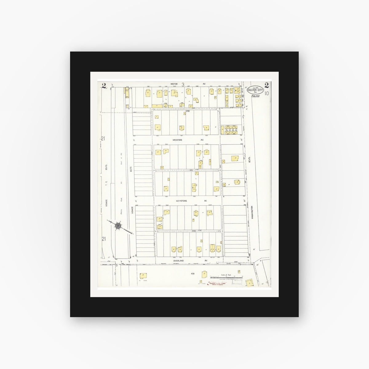 Old map wall art mockup — black gallery frame with white mat — Sanborn Fire Insurance Map from Culver City, Los Angeles County, California (1924), Sheet #0002