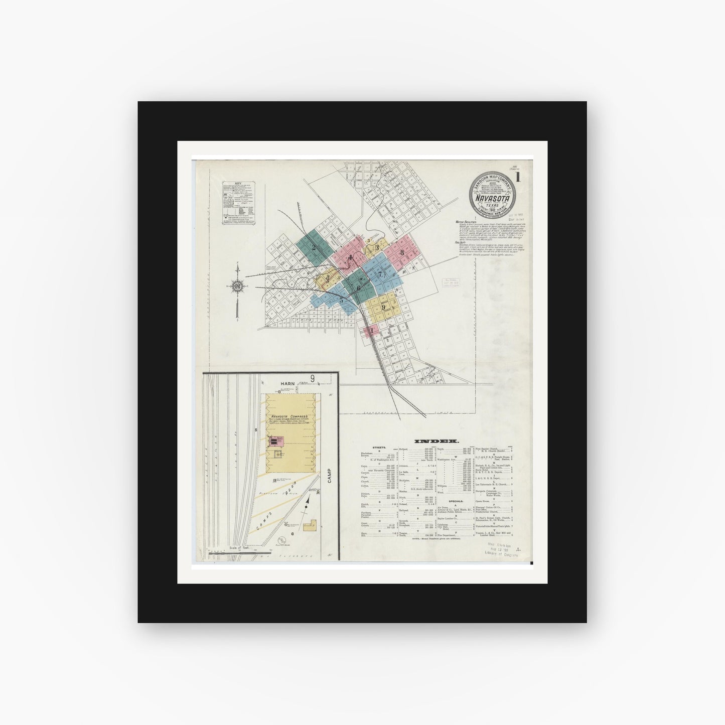 Old map wall art mockup — black gallery frame with white mat — Sanborn Fire Insurance Map from Navasota, Grimes County, Texas (1912), Sheet #0001