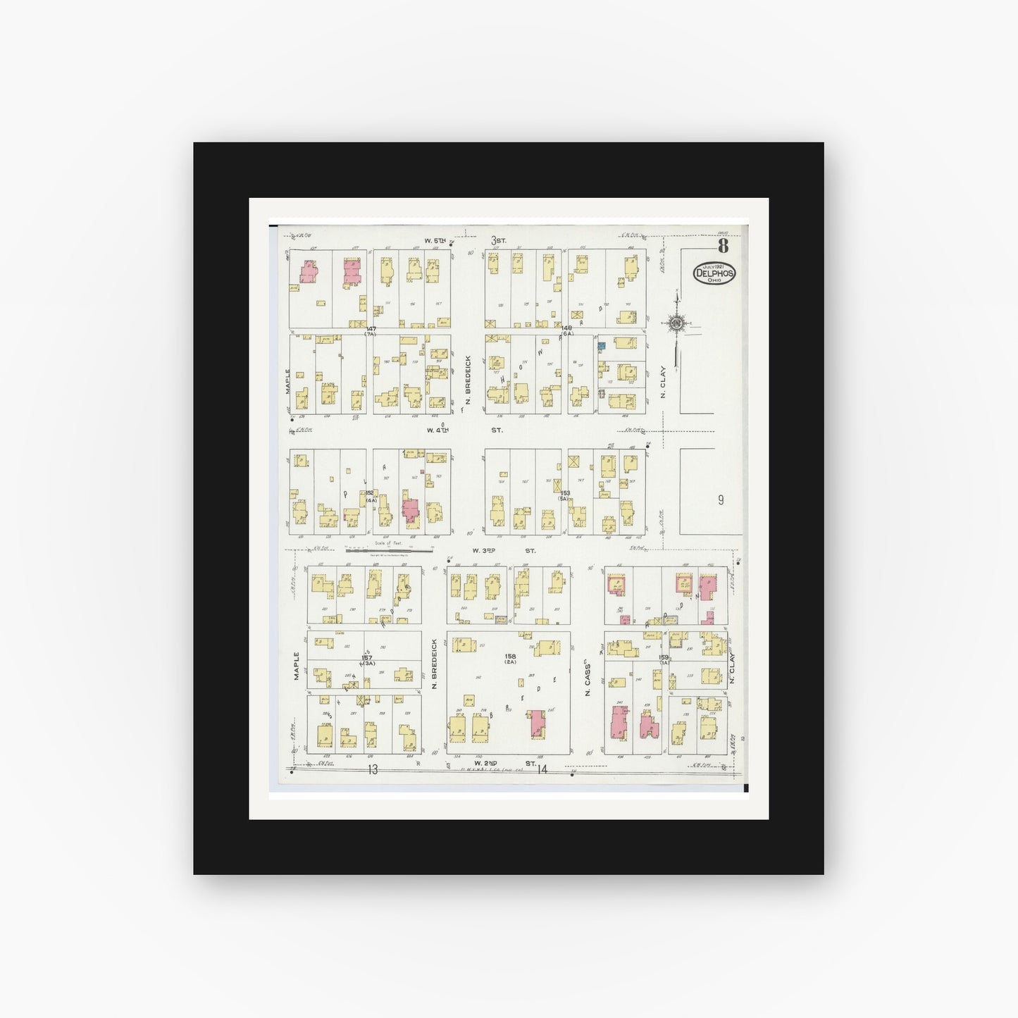 Old map wall art mockup — black gallery frame with white mat — Sanborn Fire Insurance Map from Delphos, Van Wert And Allen Counties, Ohio (1921), Sheet #0008