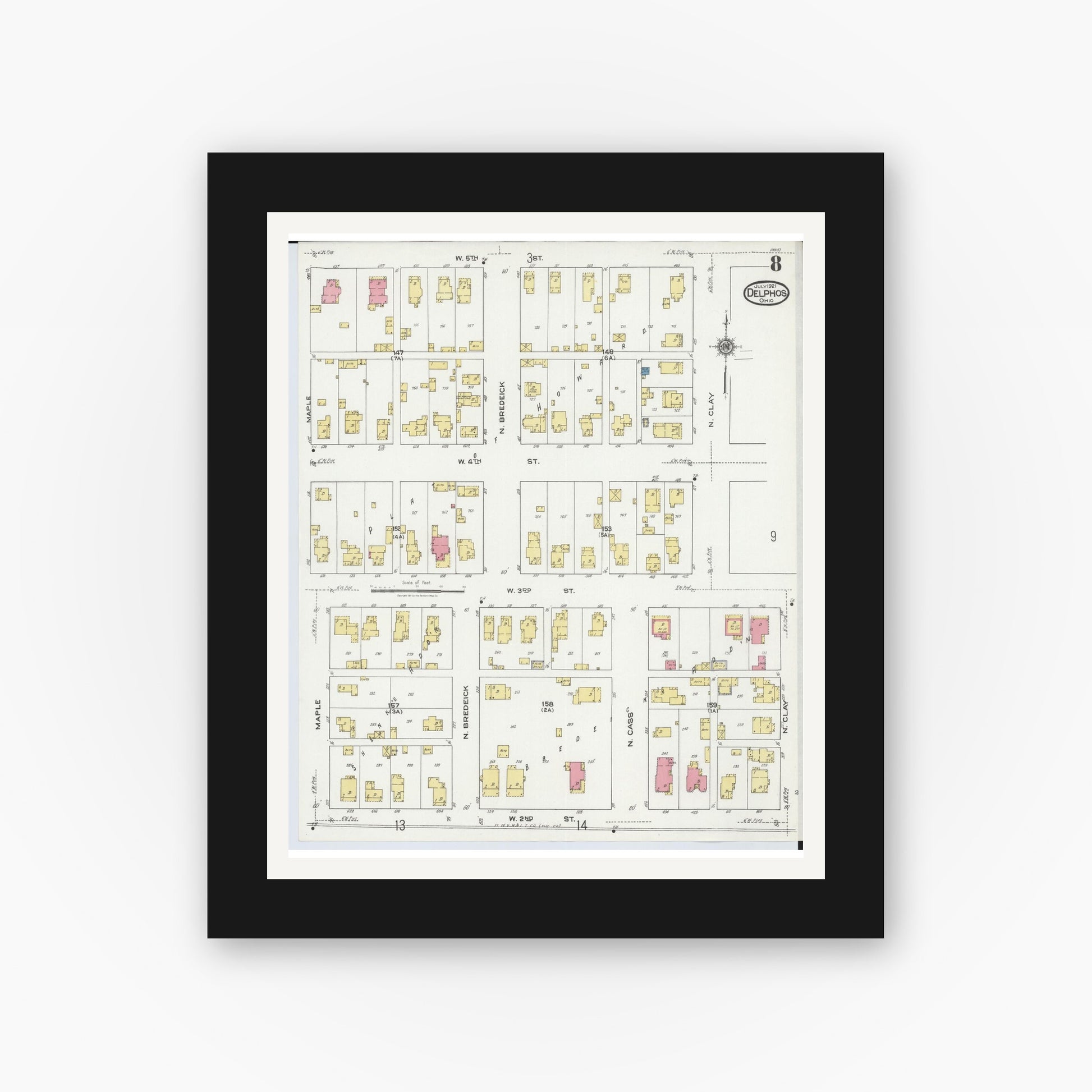 Old map wall art mockup — black gallery frame with white mat — Sanborn Fire Insurance Map from Delphos, Van Wert And Allen Counties, Ohio (1921), Sheet #0008