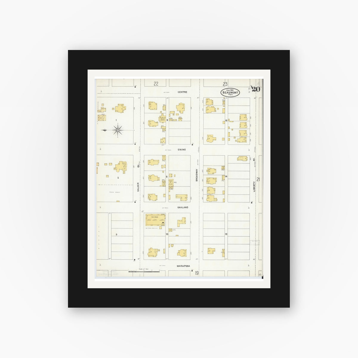 Old map wall art mockup — black gallery frame with white mat — Sanborn Fire Insurance Map from Beaumont, Jefferson County, Texas (1904), Sheet #0020