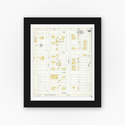Old map wall art mockup — black gallery frame with white mat — Sanborn Fire Insurance Map from Beaumont, Jefferson County, Texas (1904), Sheet #0020