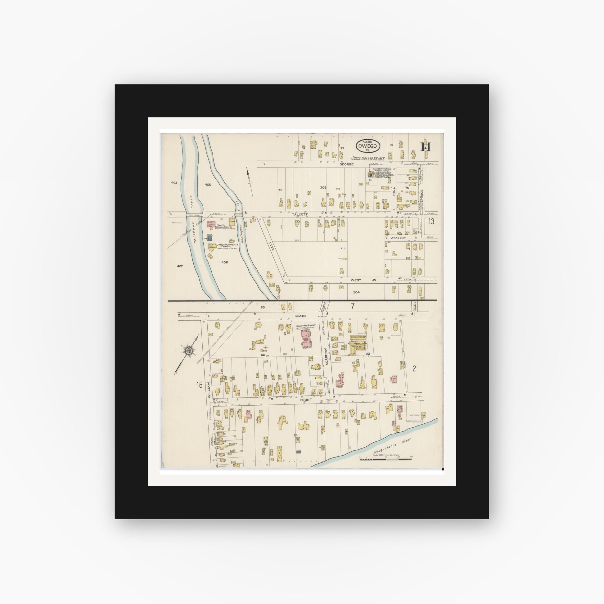 Old map wall art mockup — black gallery frame with white mat — Sanborn Fire Insurance Map from Owego, Tioga County, New York (1915), Sheet #0014