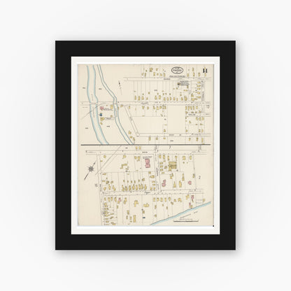Old map wall art mockup — black gallery frame with white mat — Sanborn Fire Insurance Map from Owego, Tioga County, New York (1915), Sheet #0014