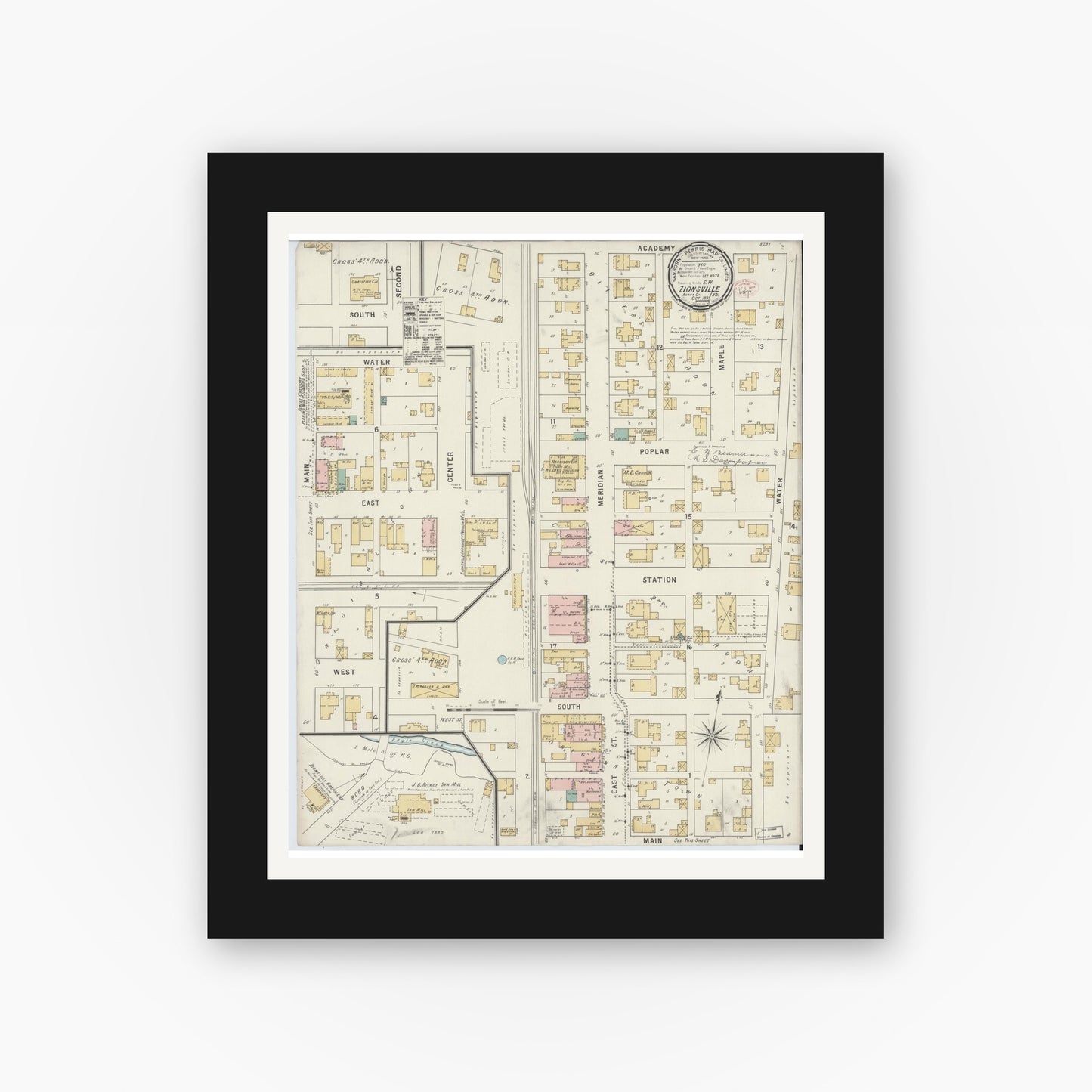 Old map wall art mockup — black gallery frame with white mat — Sanborn Fire Insurance Map from Zionsville, Boone County, Indiana (1895), Sheet #0001