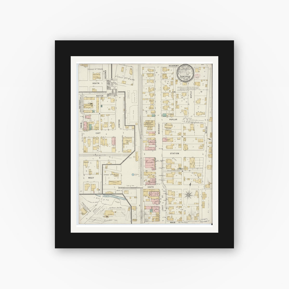 Old map wall art mockup — black gallery frame with white mat — Sanborn Fire Insurance Map from Zionsville, Boone County, Indiana (1895), Sheet #0001