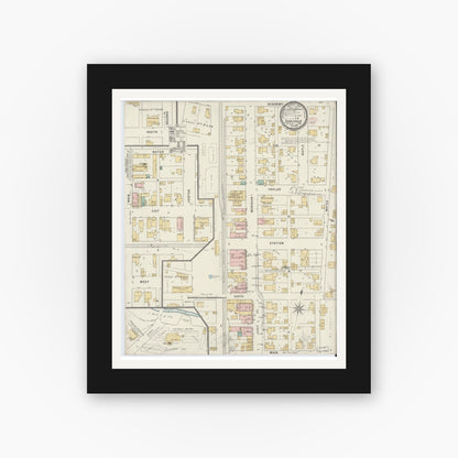 Old map wall art mockup — black gallery frame with white mat — Sanborn Fire Insurance Map from Zionsville, Boone County, Indiana (1895), Sheet #0001