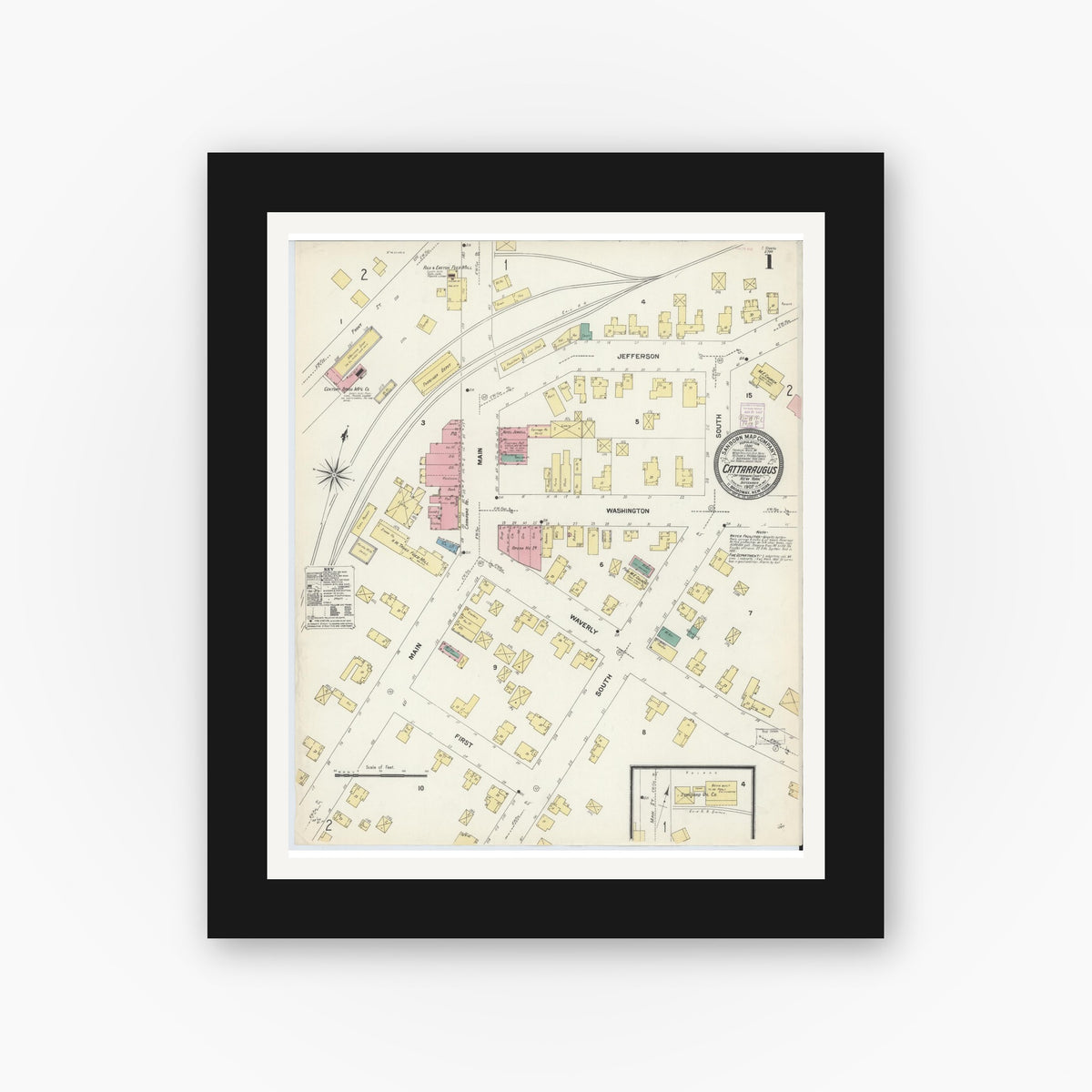 Old map wall art mockup — black gallery frame with white mat — Sanborn Fire Insurance Map from Cattaraugus, Cattaraugus County, New York (1907) - Complete Map Set