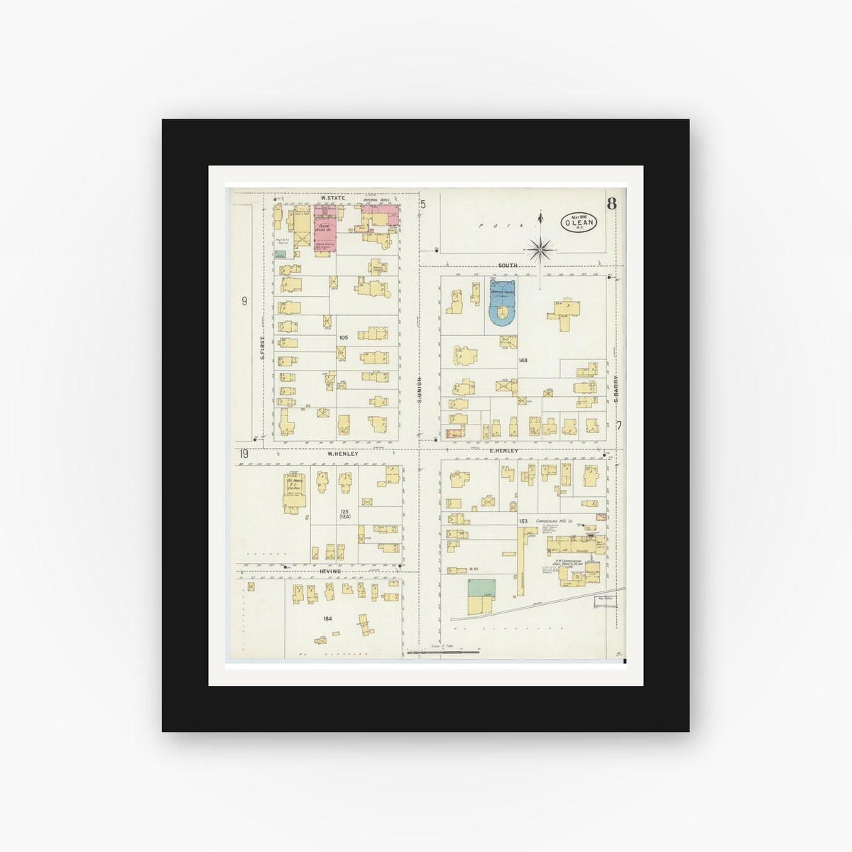 Old map wall art mockup — black gallery frame with white mat — Sanborn Fire Insurance Map from Olean, Cattaraugus County, New York (1898), Sheet #0008