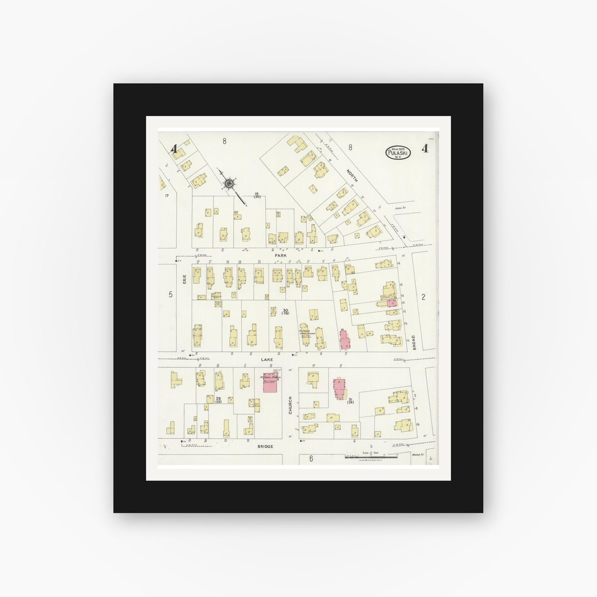 Old map wall art mockup — black gallery frame with white mat — Sanborn Fire Insurance Map from Pulaski, Oswego County, New York (1925), Sheet #0004