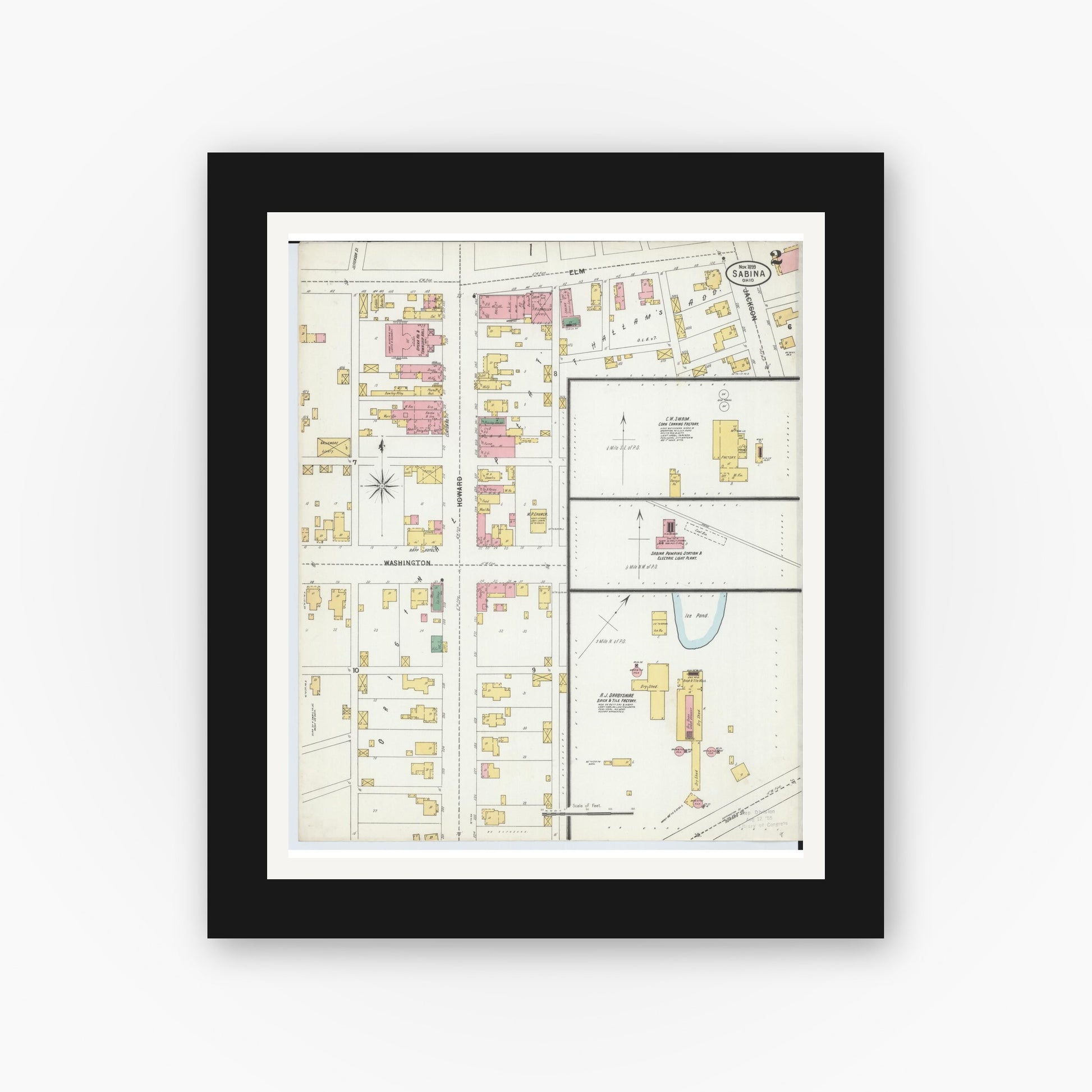 Old map wall art mockup — black gallery frame with white mat — Sanborn Fire Insurance Map from Sabina, Clinton County, Ohio (1899), Sheet #0002