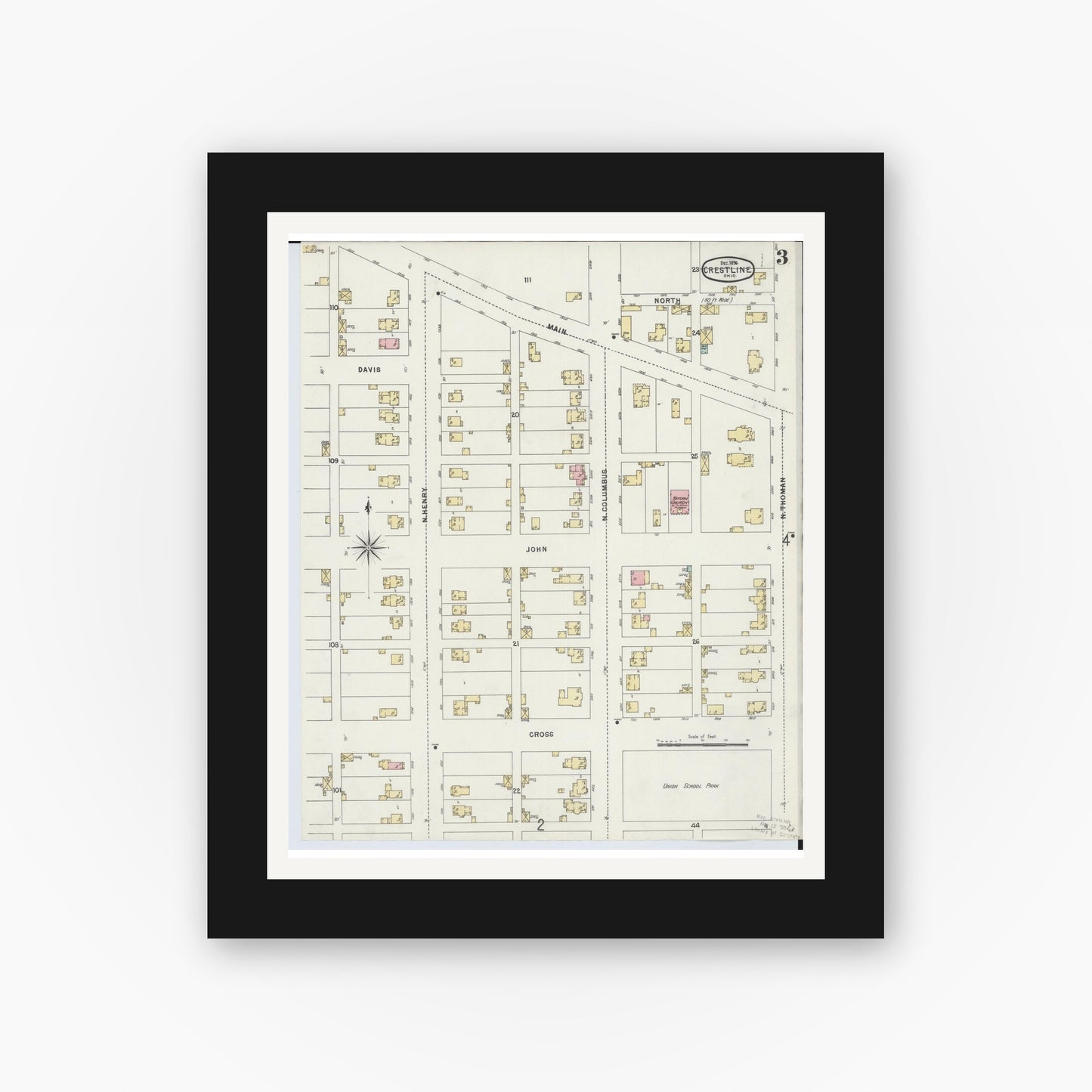 Old map wall art mockup — black gallery frame with white mat — Sanborn Fire Insurance Map from Crestline, Crawford County, Ohio (1896), Sheet #0003