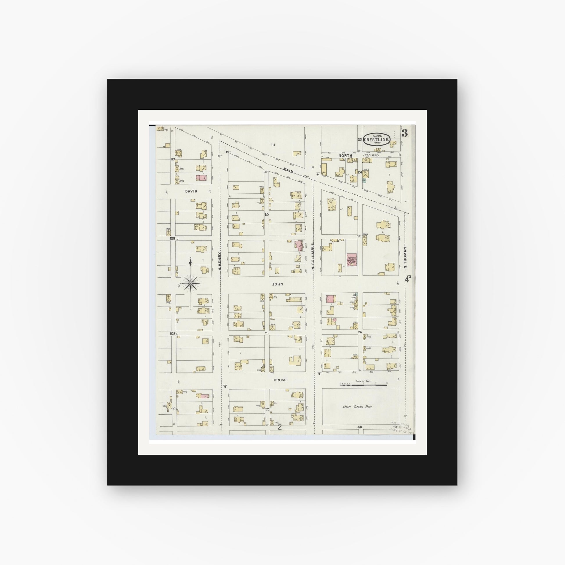 Old map wall art mockup — black gallery frame with white mat — Sanborn Fire Insurance Map from Crestline, Crawford County, Ohio (1896), Sheet #0003