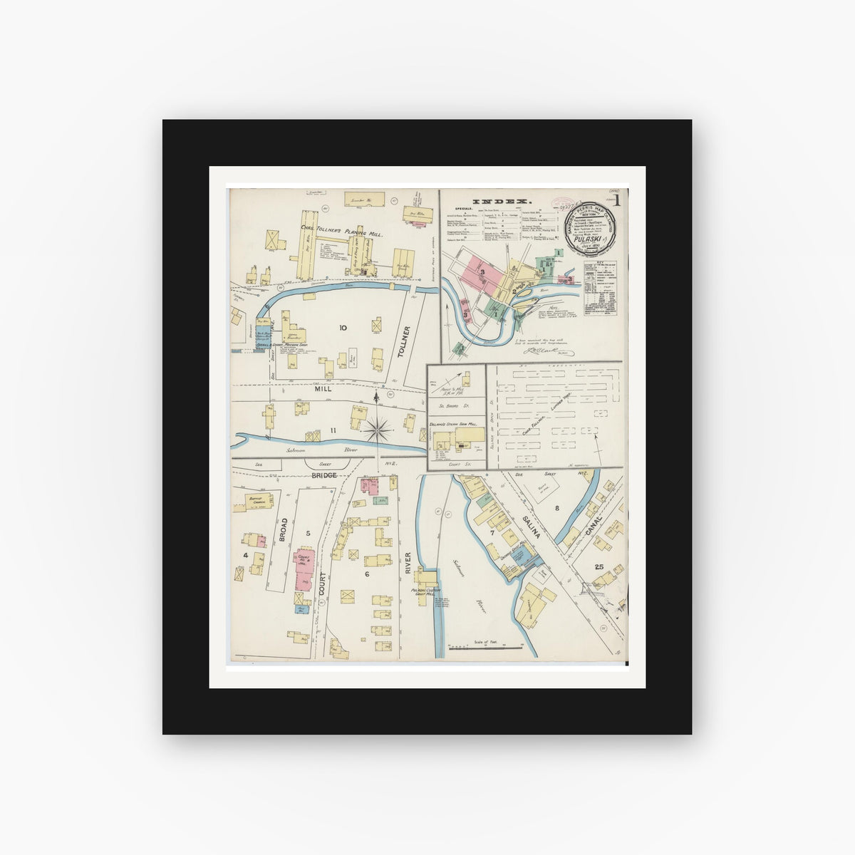 Old map wall art mockup — black gallery frame with white mat — Sanborn Fire Insurance Map from Pulaski, Oswego County, New York (1890) - Complete Map Set