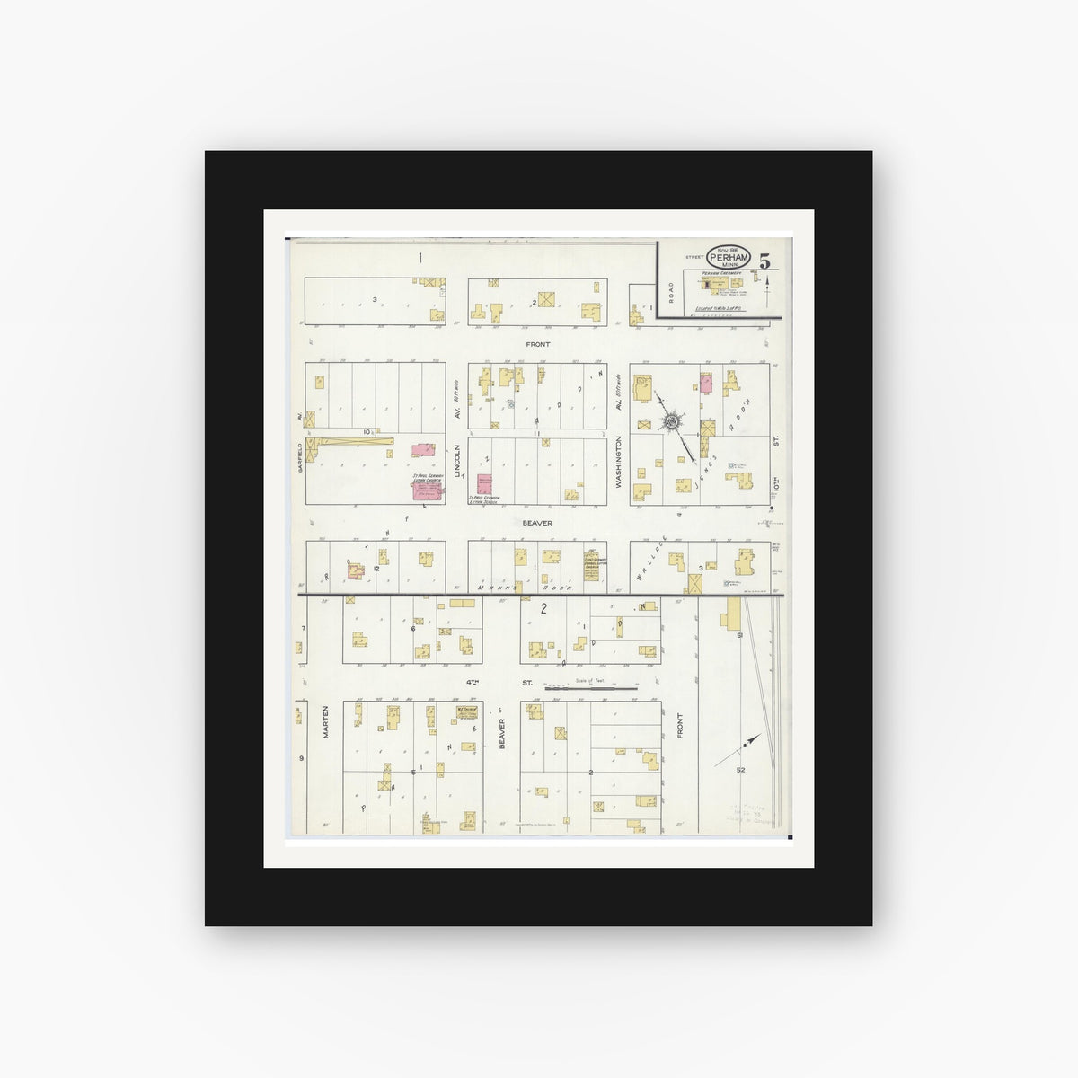 Old map wall art mockup — black gallery frame with white mat — Sanborn Fire Insurance Map from Perham, Otter Tail County, Minnesota (1916), Sheet #0005
