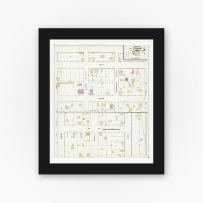 Old map wall art mockup — black gallery frame with white mat — Sanborn Fire Insurance Map from Perham, Otter Tail County, Minnesota (1916), Sheet #0005