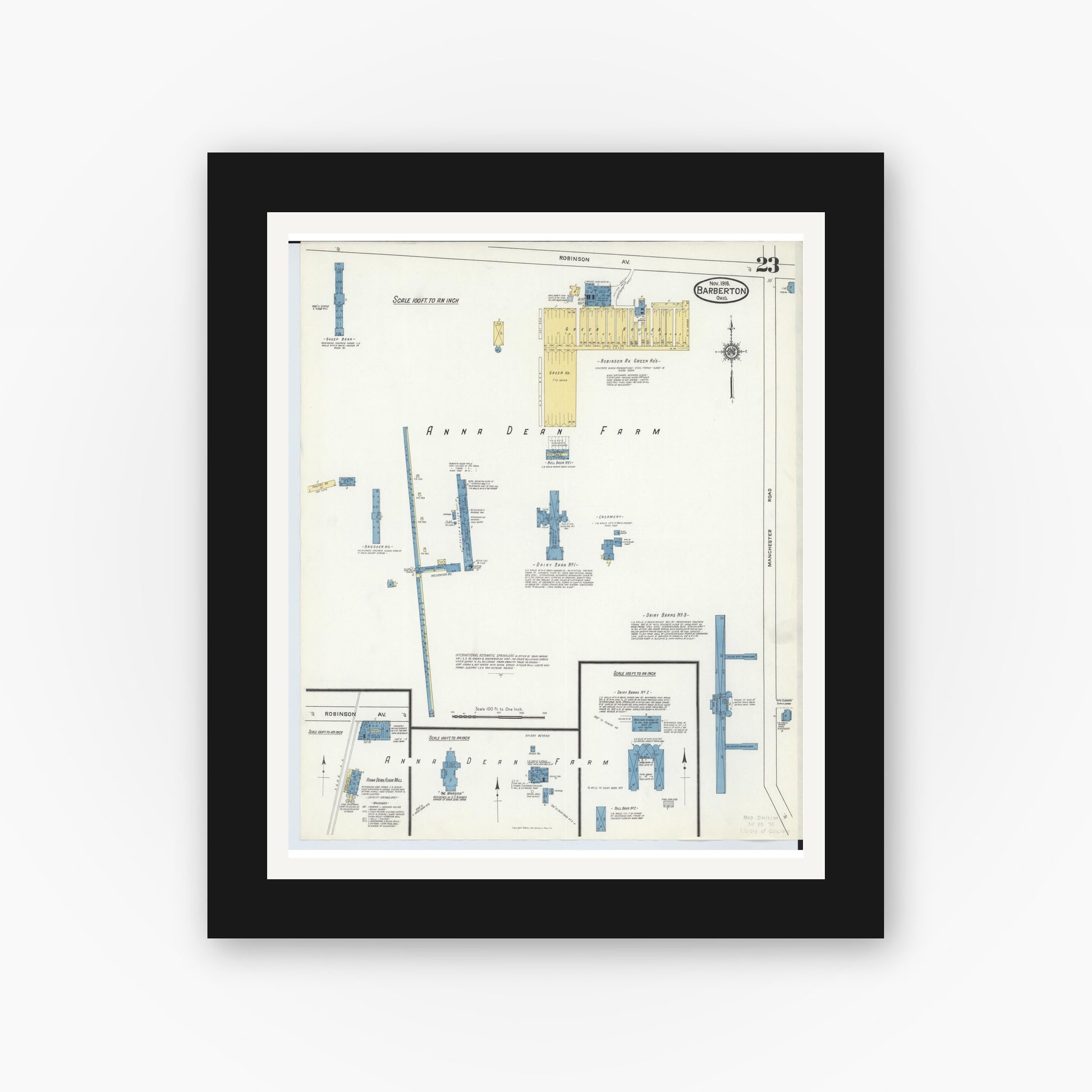 Old map wall art mockup — black gallery frame with white mat — Sanborn Fire Insurance Map from Barberton, Summit County, Ohio (1916), Sheet #0023