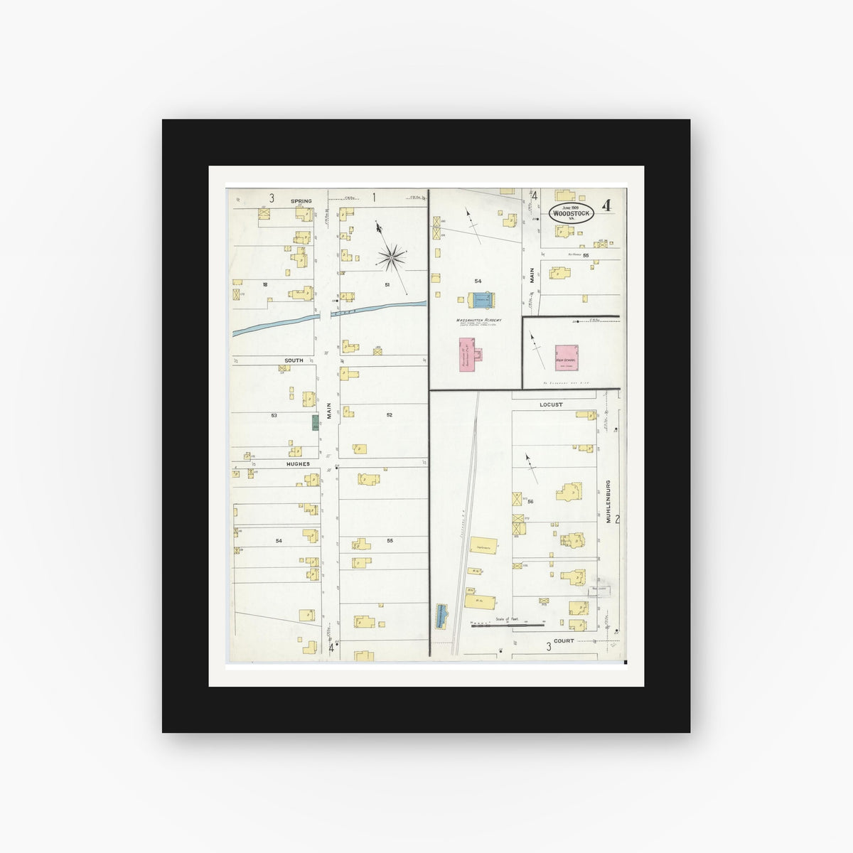 Old map wall art mockup — black gallery frame with white mat — Sanborn Fire Insurance Map from Woodstock, Shenandoah County, Virginia (1909), Sheet #0004
