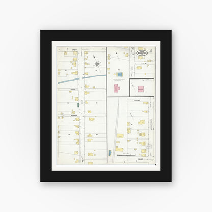 Old map wall art mockup — black gallery frame with white mat — Sanborn Fire Insurance Map from Woodstock, Shenandoah County, Virginia (1909), Sheet #0004