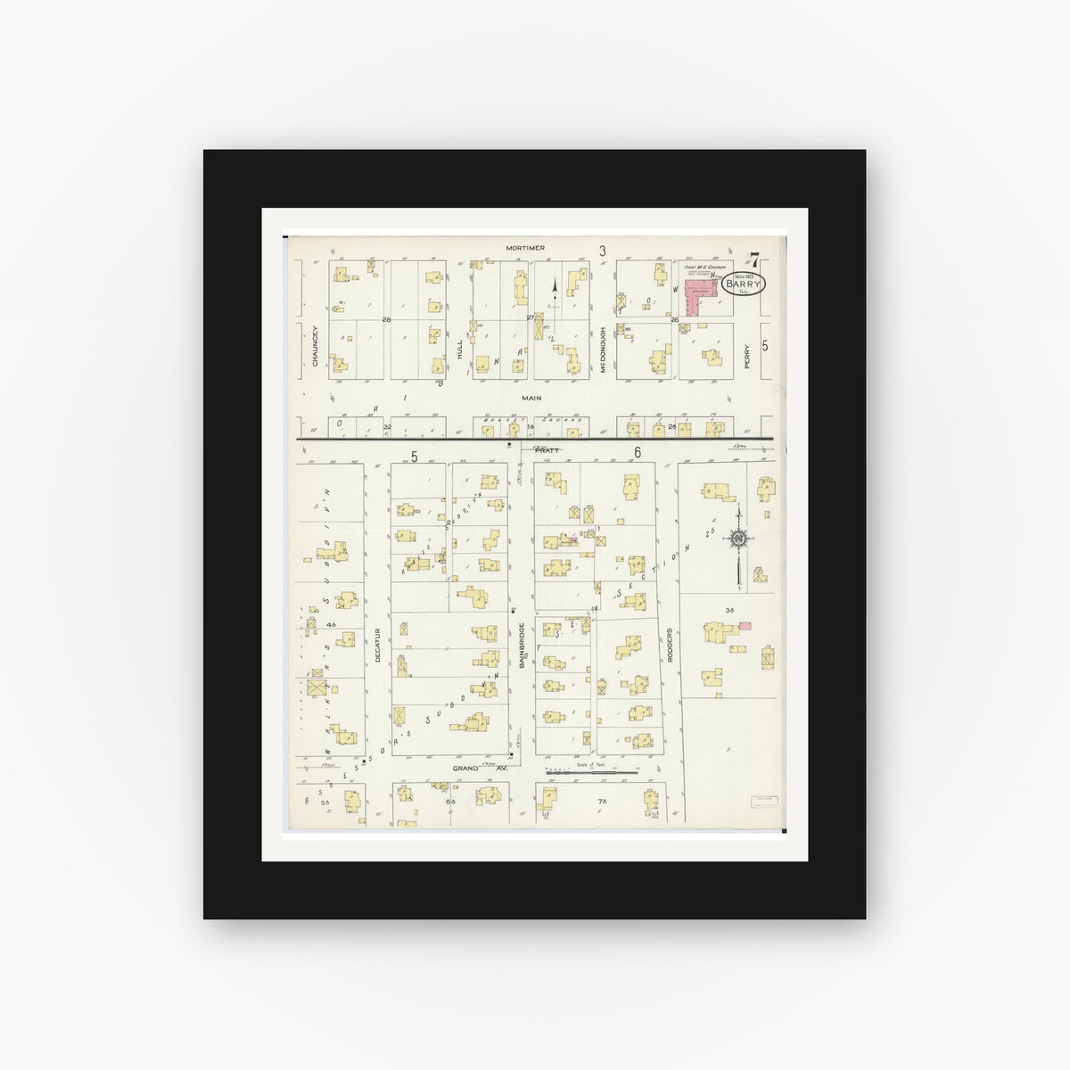 Old map wall art mockup — black gallery frame with white mat — Sanborn Fire Insurance Map from Barry, Pike County, Illinois (1913), Sheet #0007