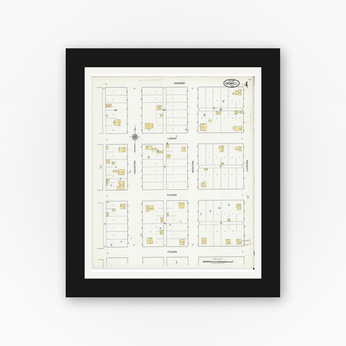 Old map wall art mockup — black gallery frame with white mat — Sanborn Fire Insurance Map from Crowell, Foard County, Texas (1921), Sheet #0004