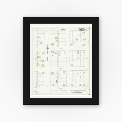 Old map wall art mockup — black gallery frame with white mat — Sanborn Fire Insurance Map from Crowell, Foard County, Texas (1921), Sheet #0004