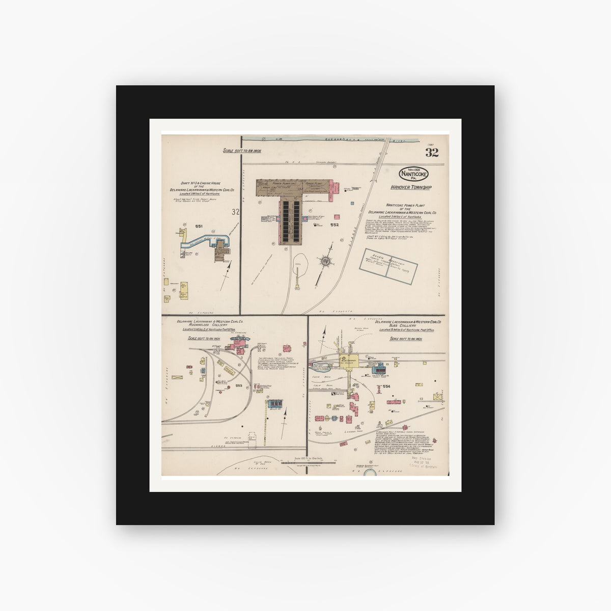 Old map wall art mockup — black gallery frame with white mat — Sanborn Fire Insurance Map from Nanticoke, Luzerne County, Pennsylvania (1920), Sheet #0032