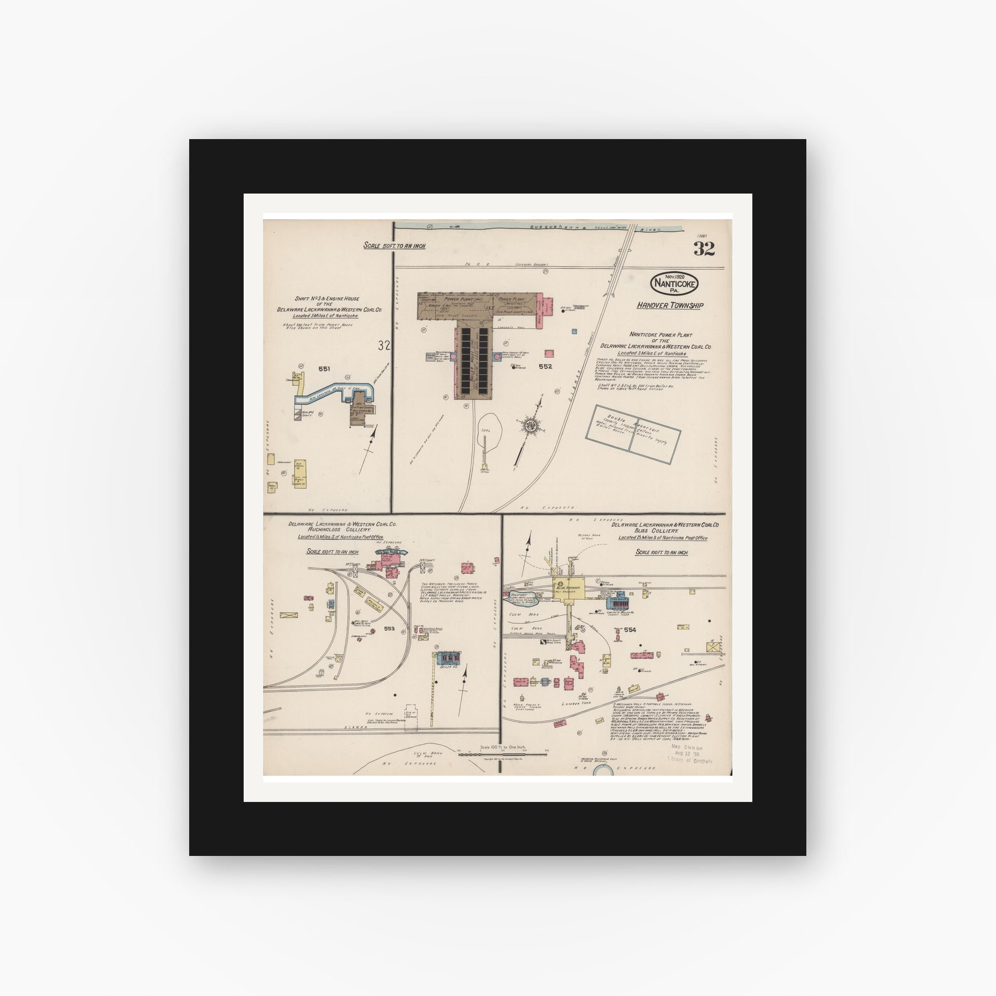 Old map wall art mockup — black gallery frame with white mat — Sanborn Fire Insurance Map from Nanticoke, Luzerne County, Pennsylvania (1920), Sheet #0032