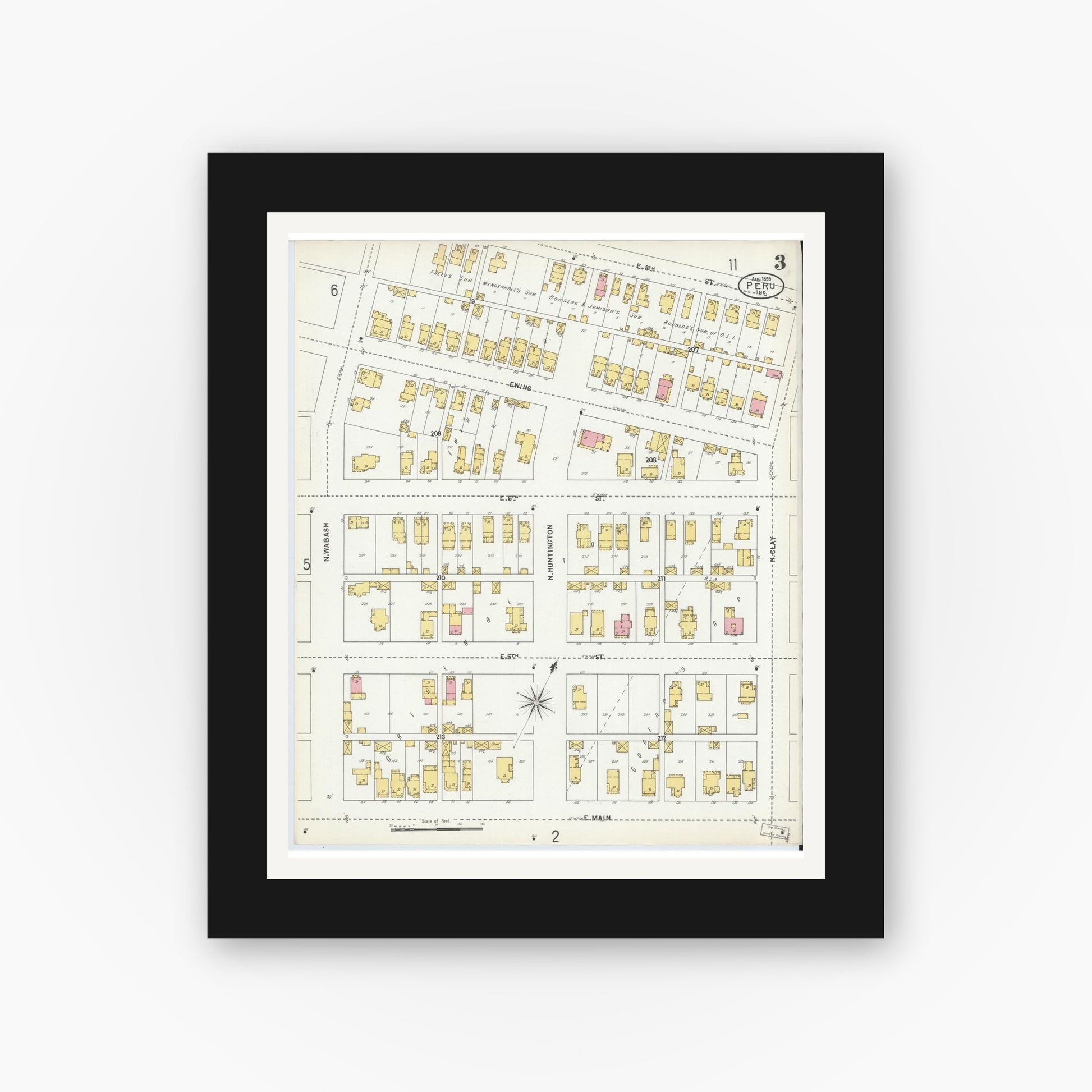 Old map wall art mockup — black gallery frame with white mat — Sanborn Fire Insurance Map from Peru, Miami County, Indiana (1899), Sheet #0003