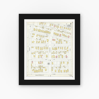 Old map wall art mockup — black gallery frame with white mat — Sanborn Fire Insurance Map from Peru, Miami County, Indiana (1899), Sheet #0003