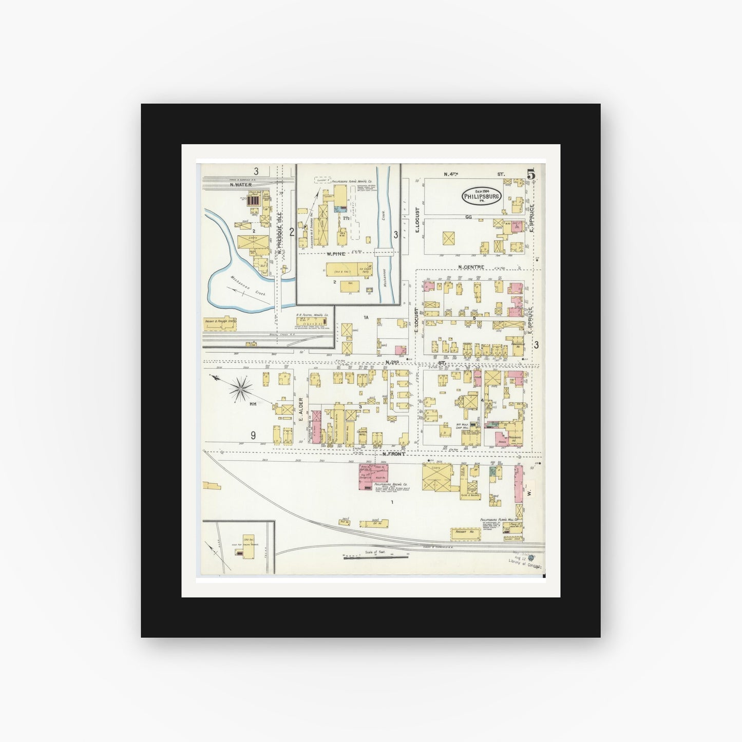 Old map wall art mockup — black gallery frame with white mat — Sanborn Fire Insurance Map from Philipsburg, Centre County, Pennsylvania (1904), Sheet #0005