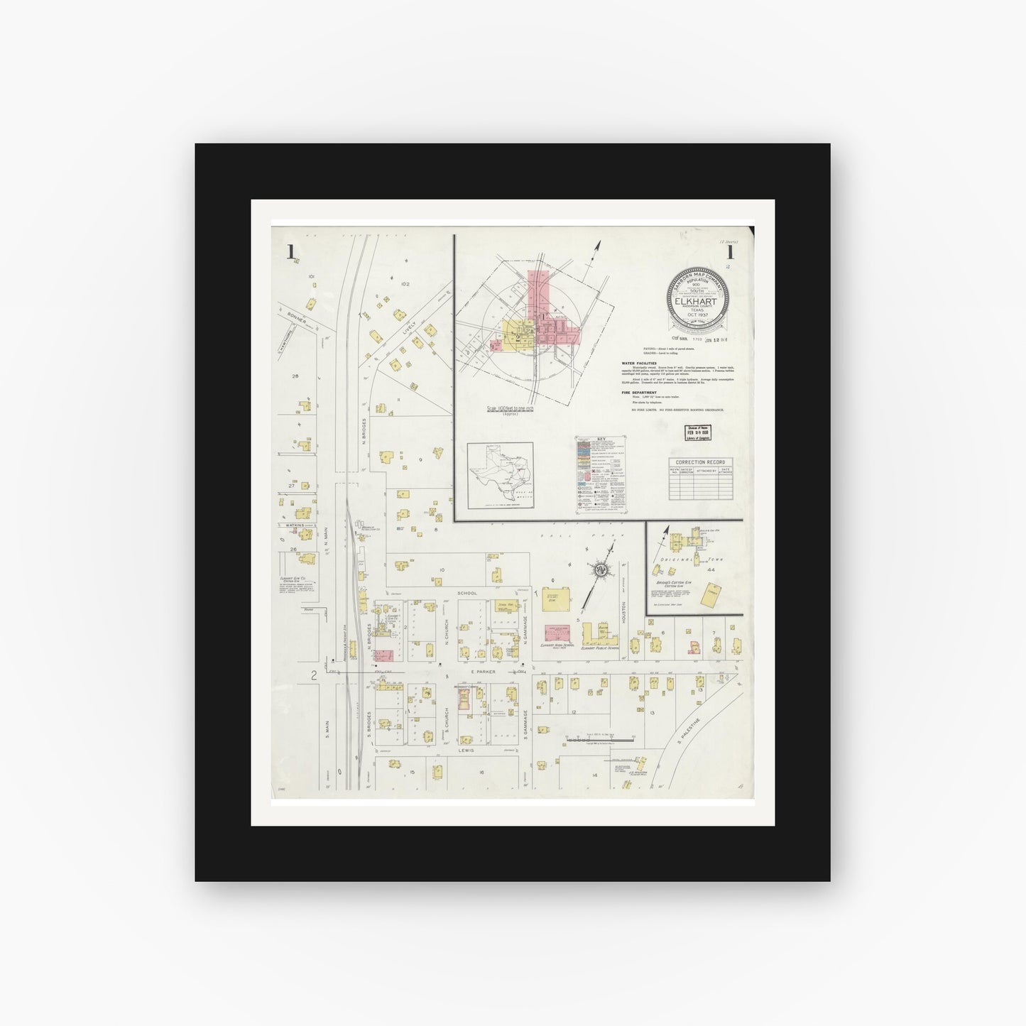Old map wall art mockup — black gallery frame with white mat — Sanborn Fire Insurance Map from Elkhart, Anderson County, Texas (1937), Sheet #0001