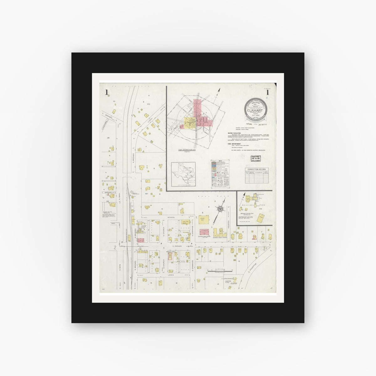 Old map wall art mockup — black gallery frame with white mat — Sanborn Fire Insurance Map from Elkhart, Anderson County, Texas (1937), Sheet #0001