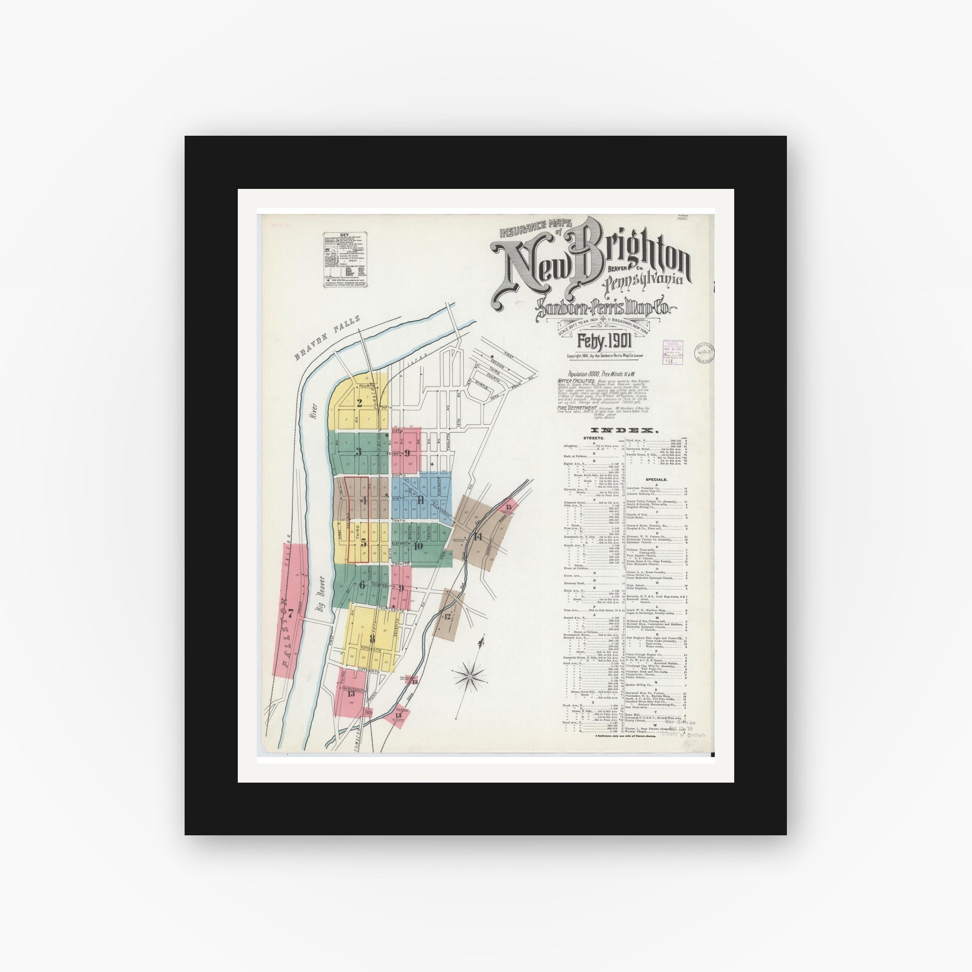 Old map wall art mockup — black gallery frame with white mat — Sanborn Fire Insurance Map from New Brighton, Beaver County, Pennsylvania (1901) - Complete Map Set