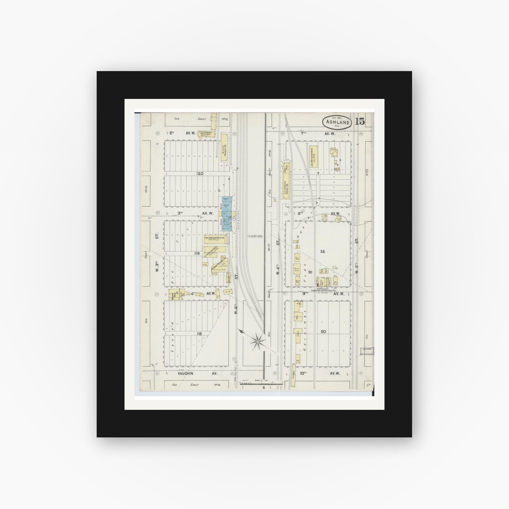 Old map wall art mockup — black gallery frame with white mat — Sanborn Fire Insurance Map from Ashland, Ashland County, Wisconsin (1890), Sheet #0015