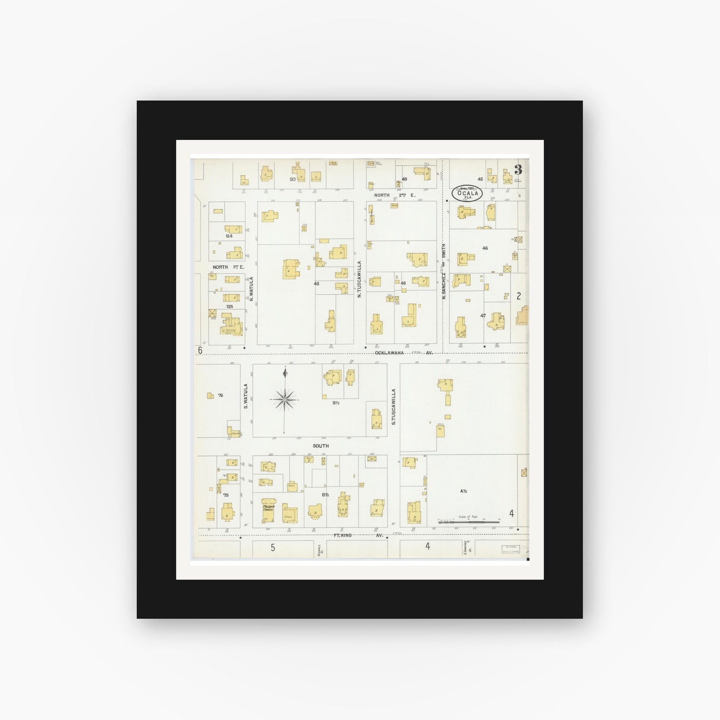 Old map wall art mockup — black gallery frame with white mat — Sanborn Fire Insurance Map from Ocala, Marion County, Florida (1901), Sheet #0003