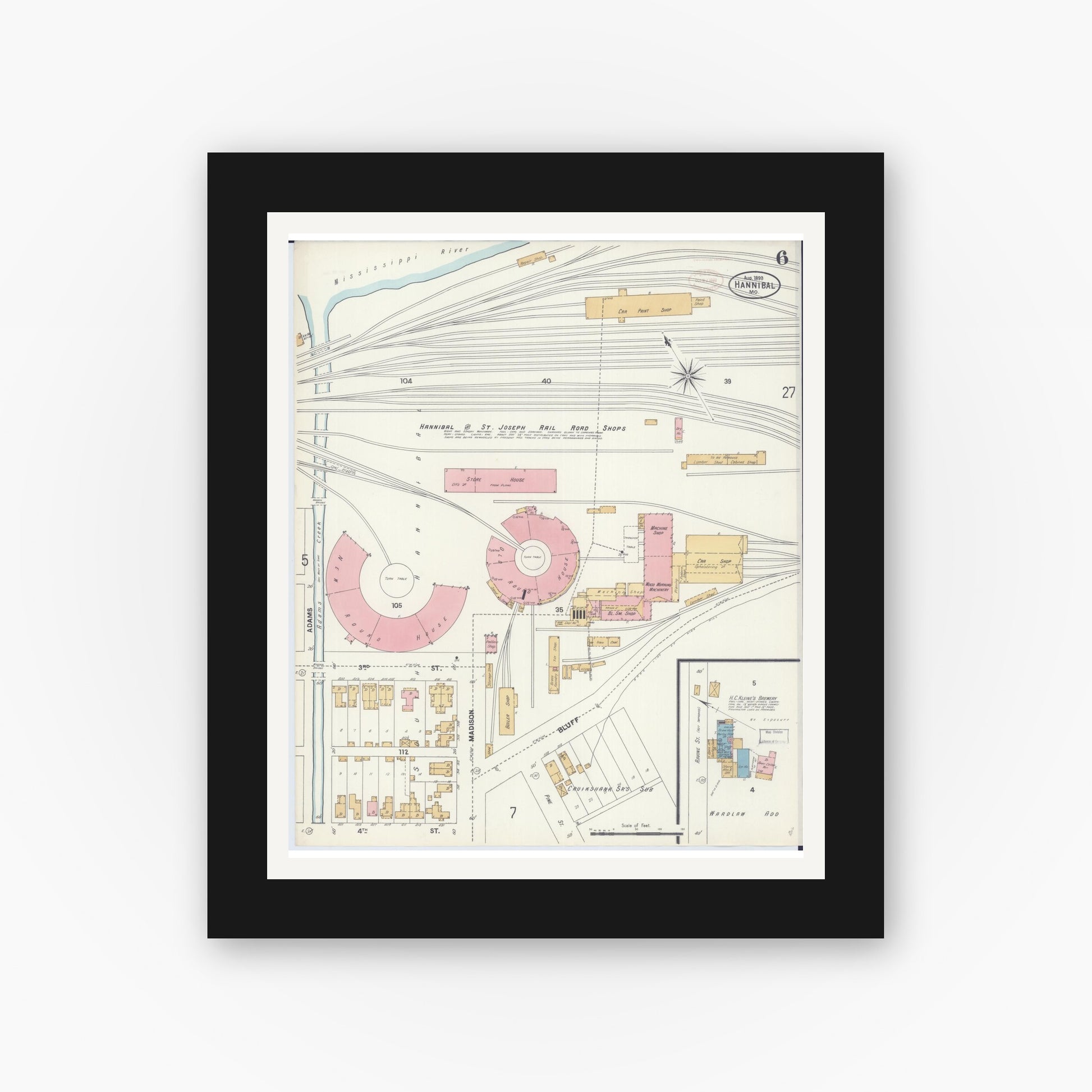 Old map wall art mockup — black gallery frame with white mat — Sanborn Fire Insurance Map from Hannibal, Marion County, Missouri (1899), Sheet #0006