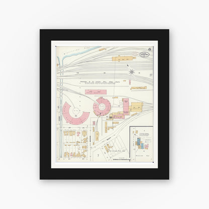 Old map wall art mockup — black gallery frame with white mat — Sanborn Fire Insurance Map from Hannibal, Marion County, Missouri (1899), Sheet #0006