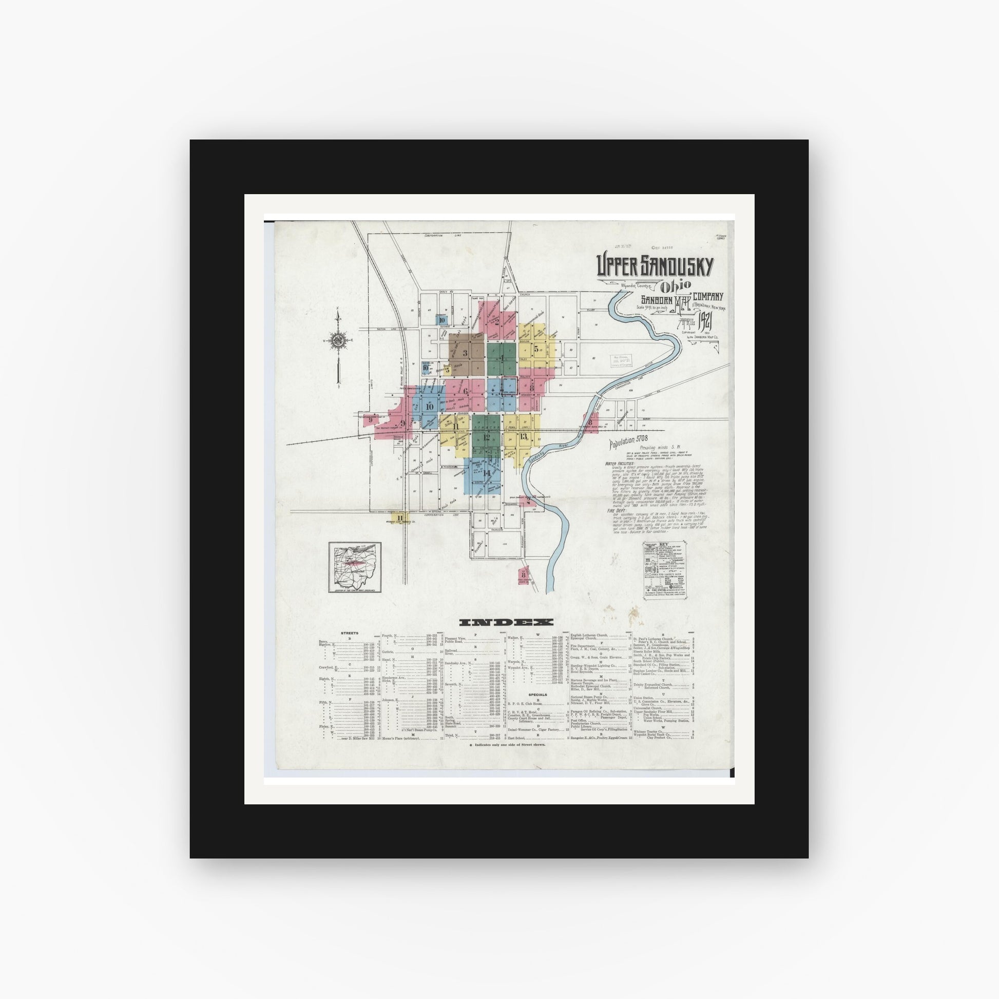 Old map wall art mockup — black gallery frame with white mat — Sanborn Fire Insurance Map from Upper Sandusky, Wyandot County, Ohio (1921) - Complete Map Set