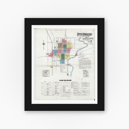 Old map wall art mockup — black gallery frame with white mat — Sanborn Fire Insurance Map from Upper Sandusky, Wyandot County, Ohio (1921) - Complete Map Set