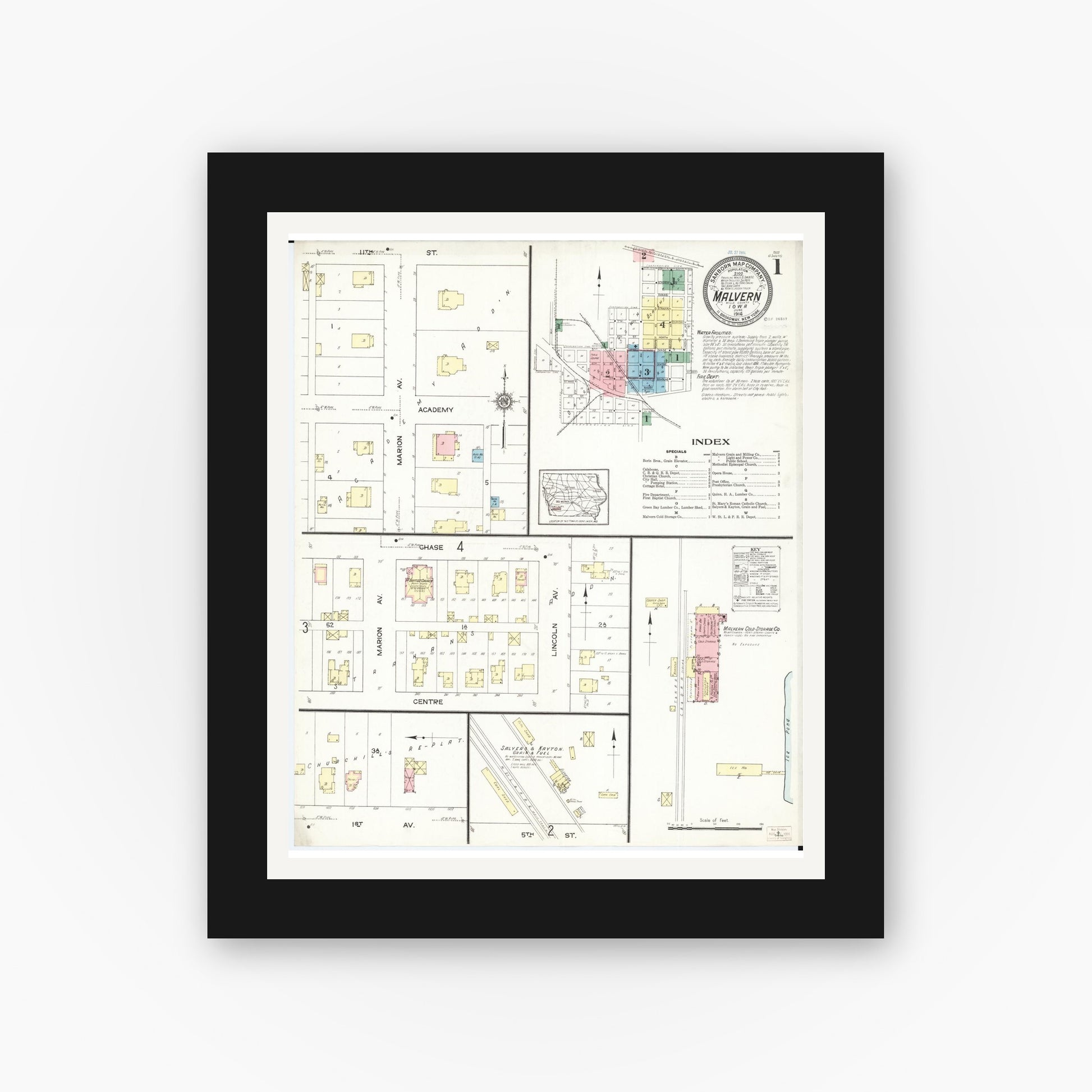 Old map wall art mockup — black gallery frame with white mat — Sanborn Fire Insurance Map from Malvern, Mills County, Iowa (1914) â€” Complete Set