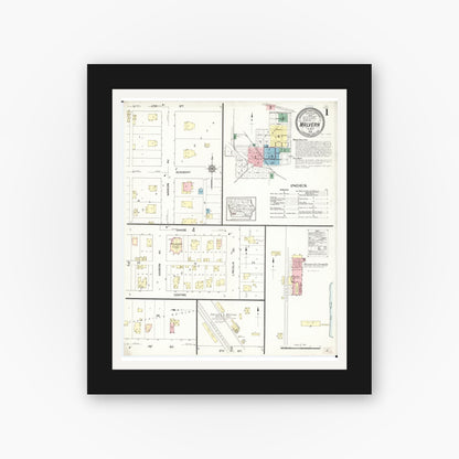 Old map wall art mockup — black gallery frame with white mat — Sanborn Fire Insurance Map from Malvern, Mills County, Iowa (1914) â€” Complete Set